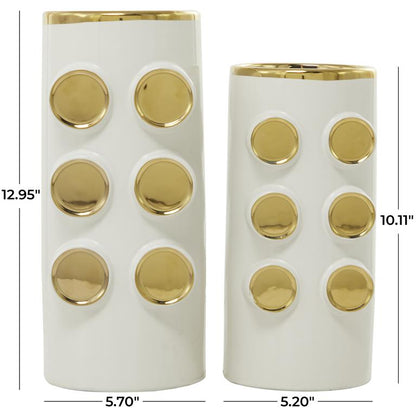 COSMOLIVING BY COSMOPOLITAN WHITE CERAMIC VASE WITH GOLD CIRCLE ACCENTS