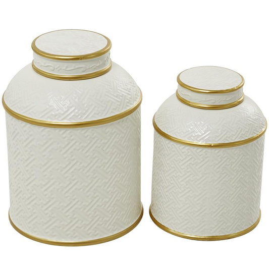 WHITE CERAMIC DECORATIVE JARS WITH GOLD ACCENTS,