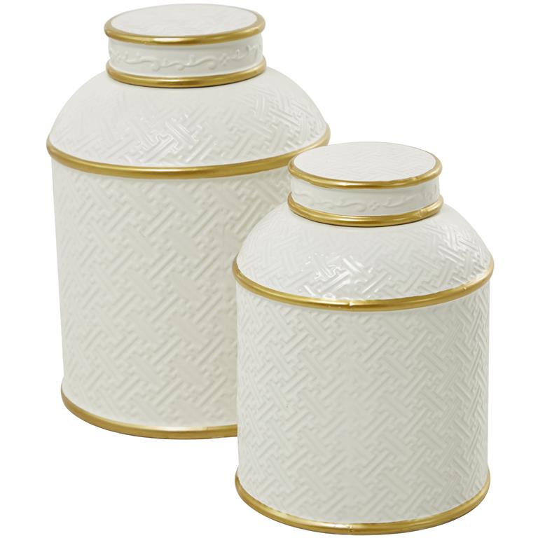 WHITE CERAMIC DECORATIVE JARS WITH GOLD ACCENTS,
