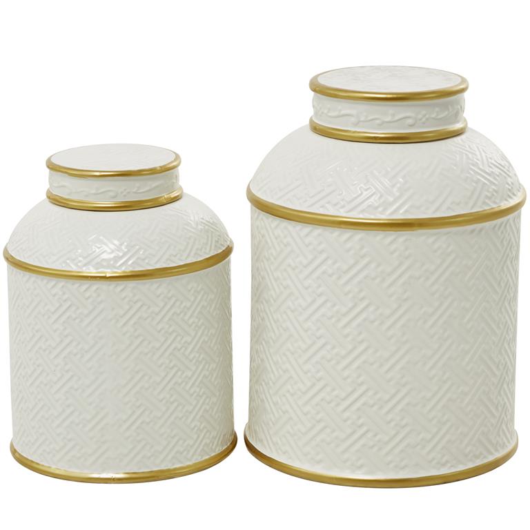 WHITE CERAMIC DECORATIVE JARS WITH GOLD ACCENTS,