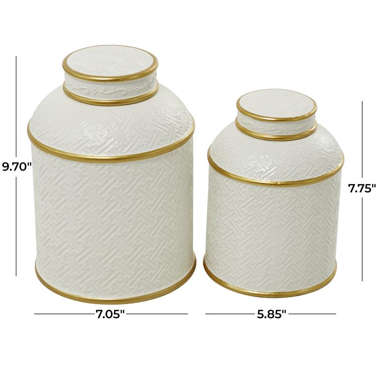 WHITE CERAMIC DECORATIVE JARS WITH GOLD ACCENTS,