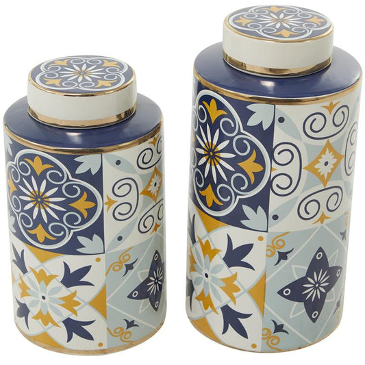 MULTI COLORED CERAMIC DECORATIVE JARS WITH SPANISH TILE PATTERNS
