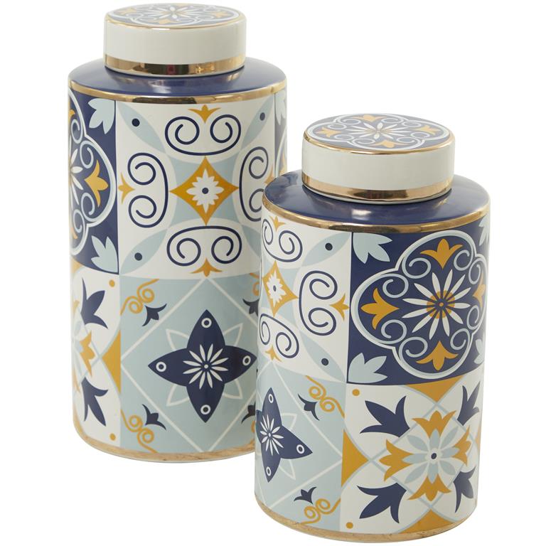 MULTI COLORED CERAMIC DECORATIVE JARS WITH SPANISH TILE PATTERNS