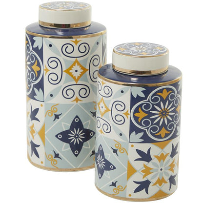 MULTI COLORED CERAMIC DECORATIVE JARS WITH SPANISH TILE PATTERNS