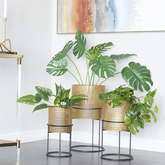 GOLD METAL RATTAN WEAVE INSPIRED PLANTER WITH REMOVEABLE RING STANDS