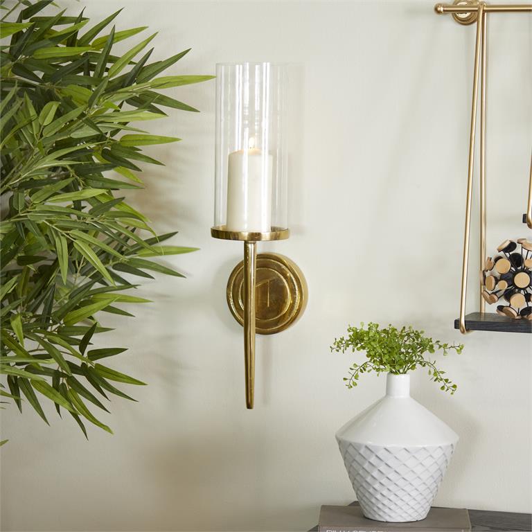 GOLD ALUMINUM WALL SCONCE WITH GLASS HOLDER,