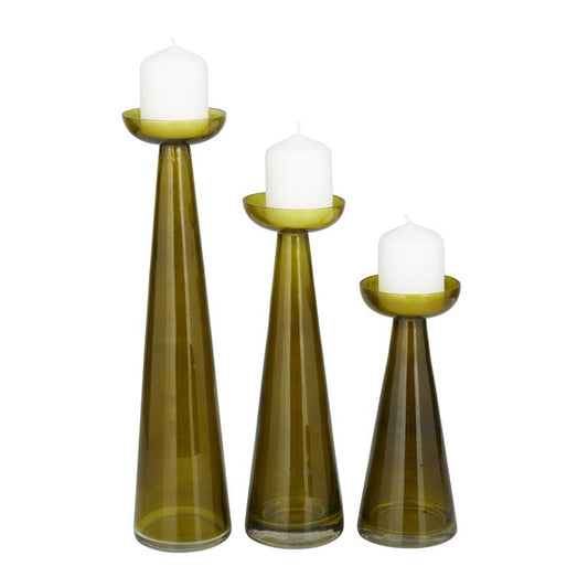 GREEN GLASS PILLAR CANDLE HOLDER, SET OF 3