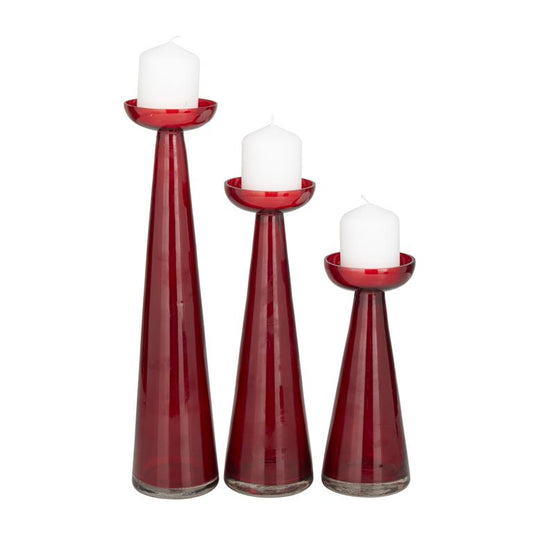 RED GLASS PILLAR CANDLE HOLDER, SET OF 3