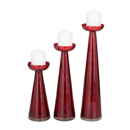 RED GLASS PILLAR CANDLE HOLDER, SET OF 3
