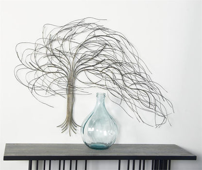 SILVER METAL TREE INDOOR OUTDOOR WALL DECOR WITH LONG BRANCH