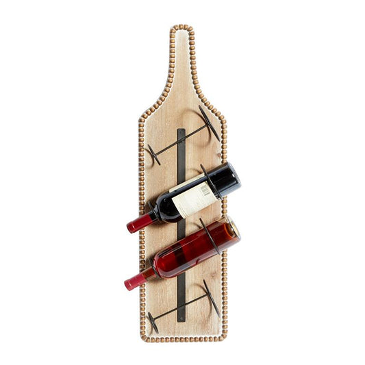 BROWN WOOD BOTTLE SHAPED 4 BOTTLE WALL WINE RACK WITH BEADED FRAME,