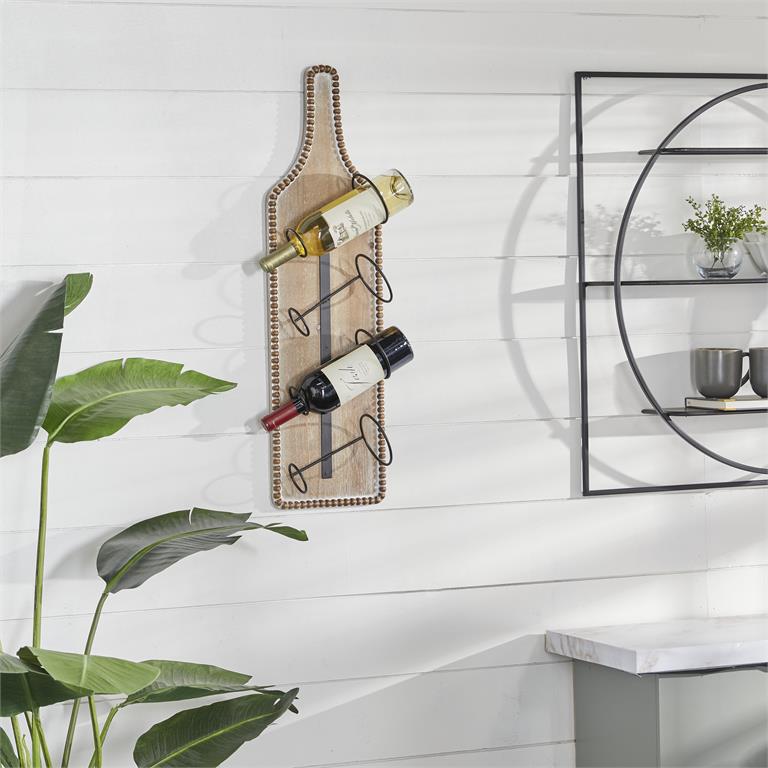 BROWN WOOD BOTTLE SHAPED 4 BOTTLE WALL WINE RACK WITH BEADED FRAME,