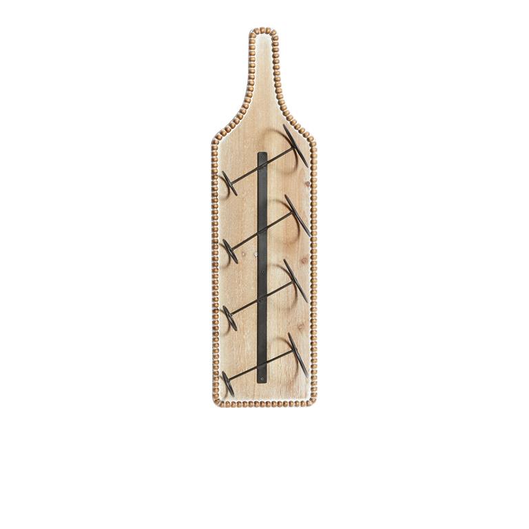 BROWN WOOD BOTTLE SHAPED 4 BOTTLE WALL WINE RACK WITH BEADED FRAME,