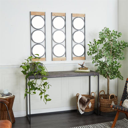 BLACK METAL WALL MIRROR WITH WOOD ACCENTS