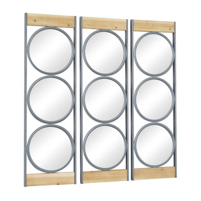BLACK METAL WALL MIRROR WITH WOOD ACCENTS
