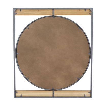BROWN METAL WALL MIRROR WITH WOOD ACCENTS