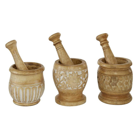 SET OF 3 BROWN MANGO WOOD COUNTRY COTTAGE MORTAR AND PESTEL 1 PIECE