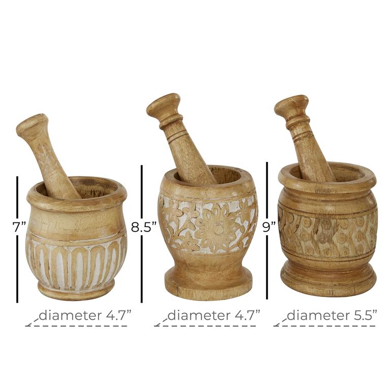 SET OF 3 BROWN MANGO WOOD COUNTRY COTTAGE MORTAR AND PESTEL 1 PIECE