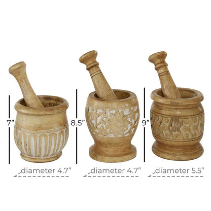 SET OF 3 BROWN MANGO WOOD COUNTRY COTTAGE MORTAR AND PESTEL 1 PIECE