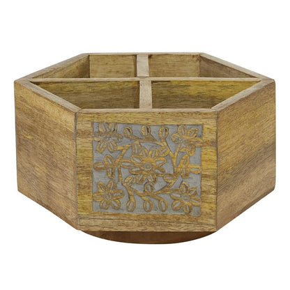 BROWN WOOD FLORAL INTRICATELY CARVED 4 BOTTLE WINE HOLDER