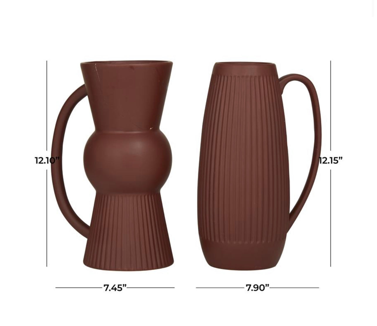RED CERAMIC RIBBED VASE WITH HANDLES