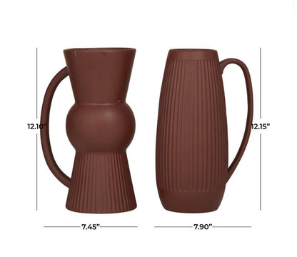 RED CERAMIC RIBBED VASE WITH HANDLES