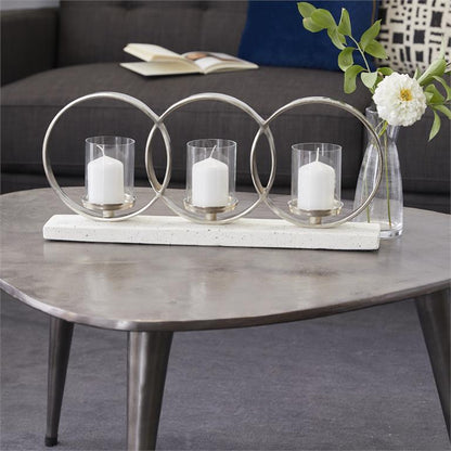 WHITE ALUMINUM PILLAR 3 GLASS SLEEVE CANDELABRA WITH ALUMINUM ACCENTS
