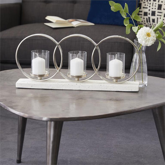 WHITE ALUMINUM PILLAR 3 GLASS SLEEVE CANDELABRA WITH ALUMINUM ACCENTS
