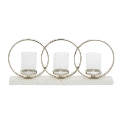 WHITE ALUMINUM PILLAR 3 GLASS SLEEVE CANDELABRA WITH ALUMINUM ACCENTS