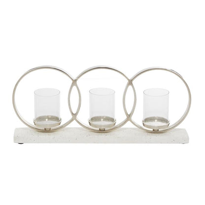 WHITE ALUMINUM PILLAR 3 GLASS SLEEVE CANDELABRA WITH ALUMINUM ACCENTS