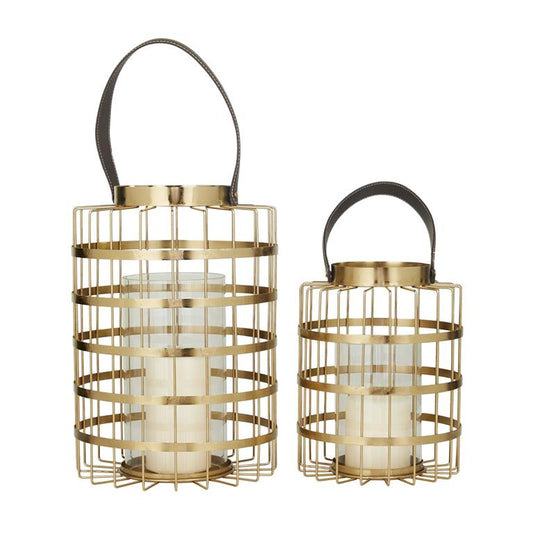COSMOLIVING BY COSMOPOLITAN GOLD METAL PILLAR CANDLE LANTERN WITH LEATHER STRAPS