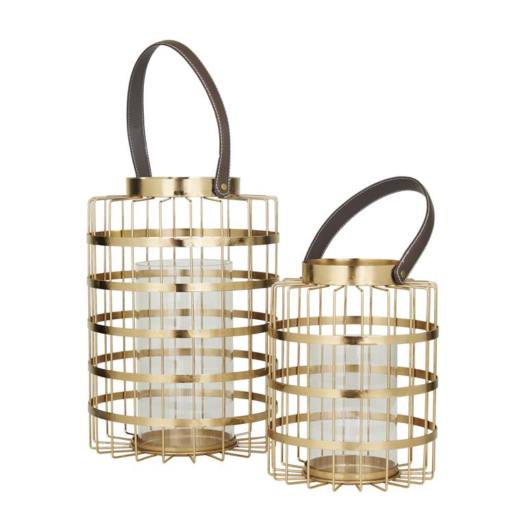 COSMOLIVING BY COSMOPOLITAN GOLD METAL PILLAR CANDLE LANTERN WITH LEATHER STRAPS