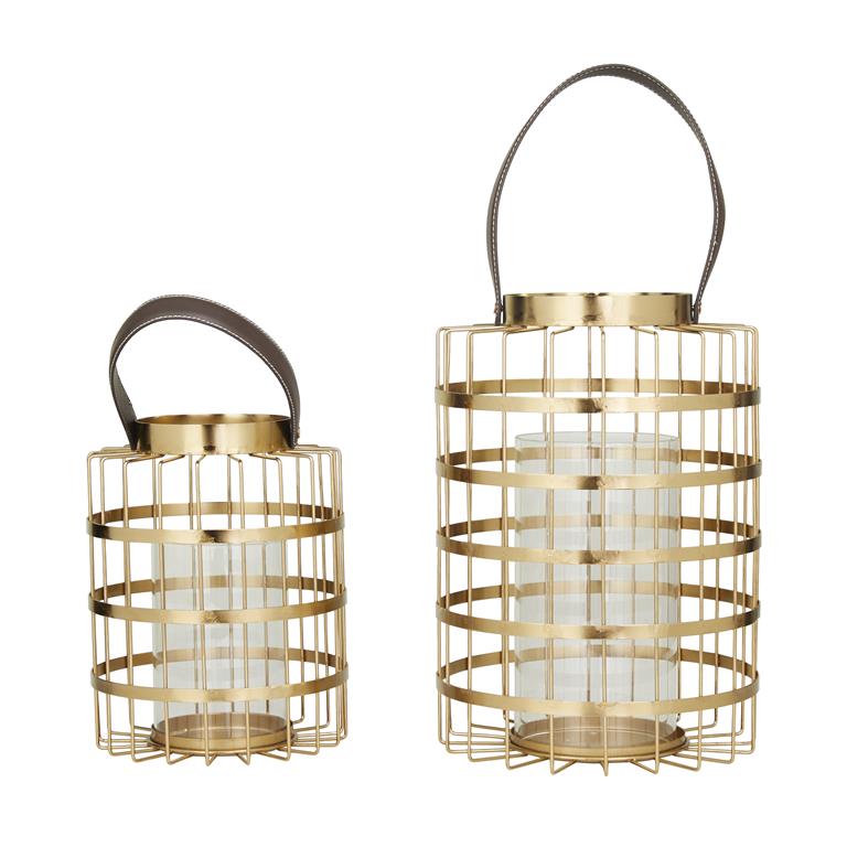 COSMOLIVING BY COSMOPOLITAN GOLD METAL PILLAR CANDLE LANTERN WITH LEATHER STRAPS