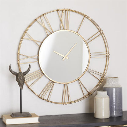 GOLD METAL OPEN FRAME WALL CLOCK WITH CENTER MIRROR,