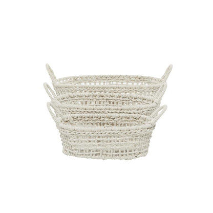 WHITE COTTON HANDMADE STORAGE BASKET WITH HANDLES