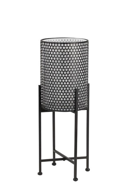 MODERN STYLE ROUND WHITE AND BLACK METAL FLOOR LANTERN WITH PIERCED METAL PATTERN