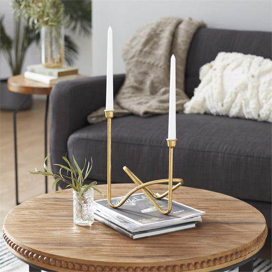 COSMOLIVING BY COSMOPOLITAN GOLD METAL CANDELABRA, 10" X 6" X 11"