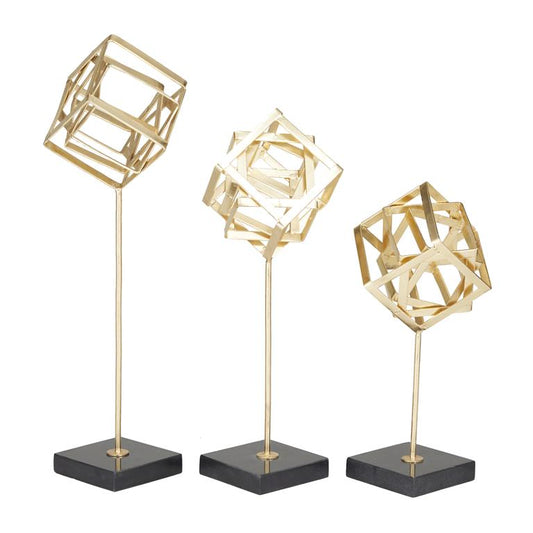 COSMOLIVING BY COSMOPOLITAN GOLD MARBLE GEOMETRIC SCULPTURE WITH MARBLE BASE