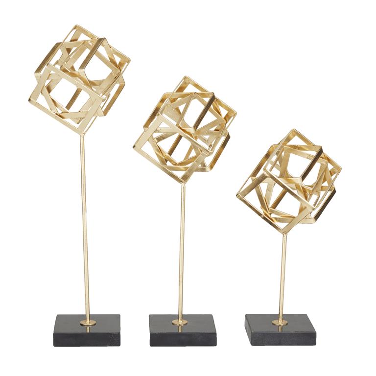 COSMOLIVING BY COSMOPOLITAN GOLD MARBLE GEOMETRIC SCULPTURE WITH MARBLE BASE