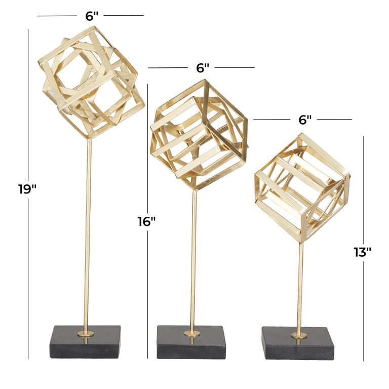 COSMOLIVING BY COSMOPOLITAN GOLD MARBLE GEOMETRIC SCULPTURE WITH MARBLE BASE