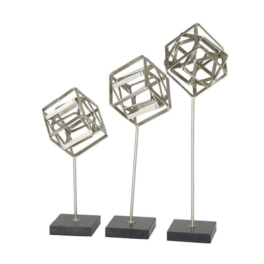 COSMOLIVING BY COSMOPOLITAN SILVER MARBLE GEOMETRIC SCULPTURE WITH MARBLE BASE,