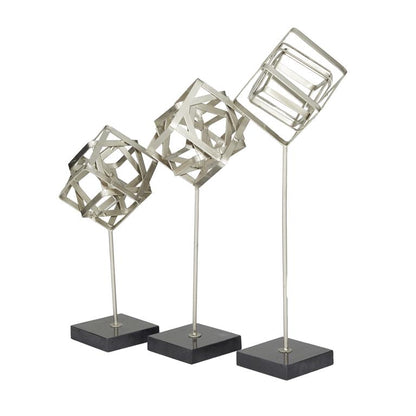 COSMOLIVING BY COSMOPOLITAN SILVER MARBLE GEOMETRIC SCULPTURE WITH MARBLE BASE,