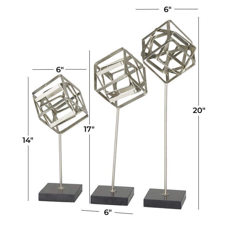 COSMOLIVING BY COSMOPOLITAN SILVER MARBLE GEOMETRIC SCULPTURE WITH MARBLE BASE,