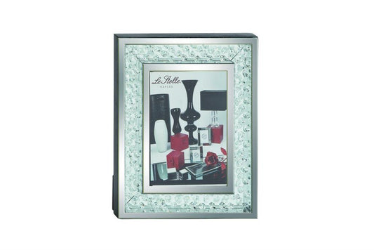 SILVER GLASS MIRRORED PHOTO FRAME WITH FLOATING CRYSTALS,