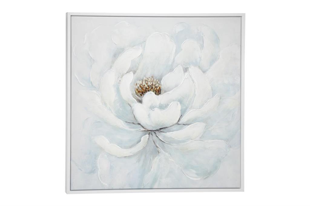 LARGE SQUARE WHITE PEONY FLOWER ACRYLIC PAINTING IN SILVER FRAME,