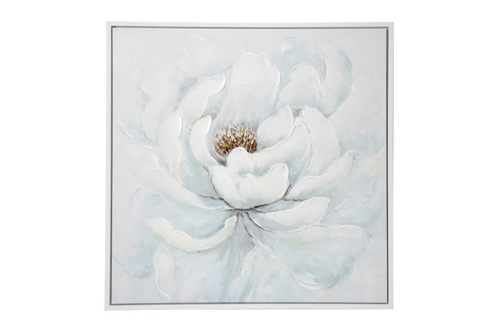 LARGE SQUARE WHITE PEONY FLOWER ACRYLIC PAINTING IN SILVER FRAME,