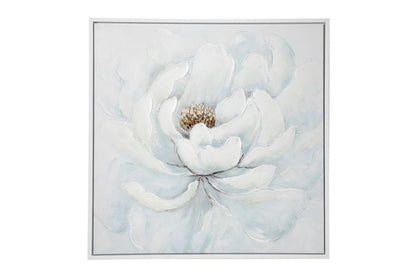 LARGE SQUARE WHITE PEONY FLOWER ACRYLIC PAINTING IN SILVER FRAME,