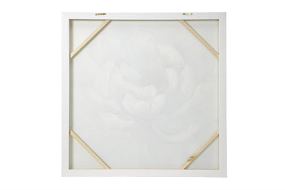 LARGE SQUARE WHITE PEONY FLOWER ACRYLIC PAINTING IN SILVER FRAME,