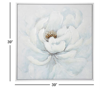 LARGE SQUARE WHITE PEONY FLOWER ACRYLIC PAINTING IN SILVER FRAME,