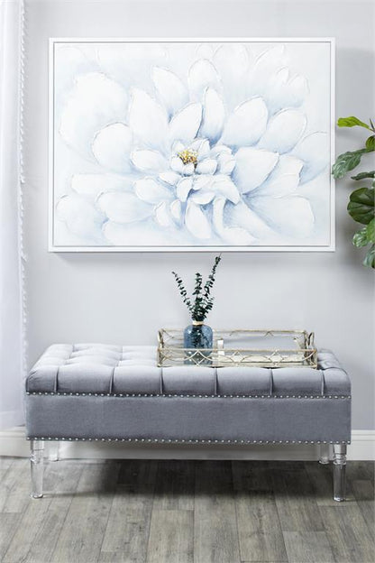 RECTANGULAR SILVER & WHITE PEONY FLOWER ACRYLIC PAINTING IN SILVER FRAME